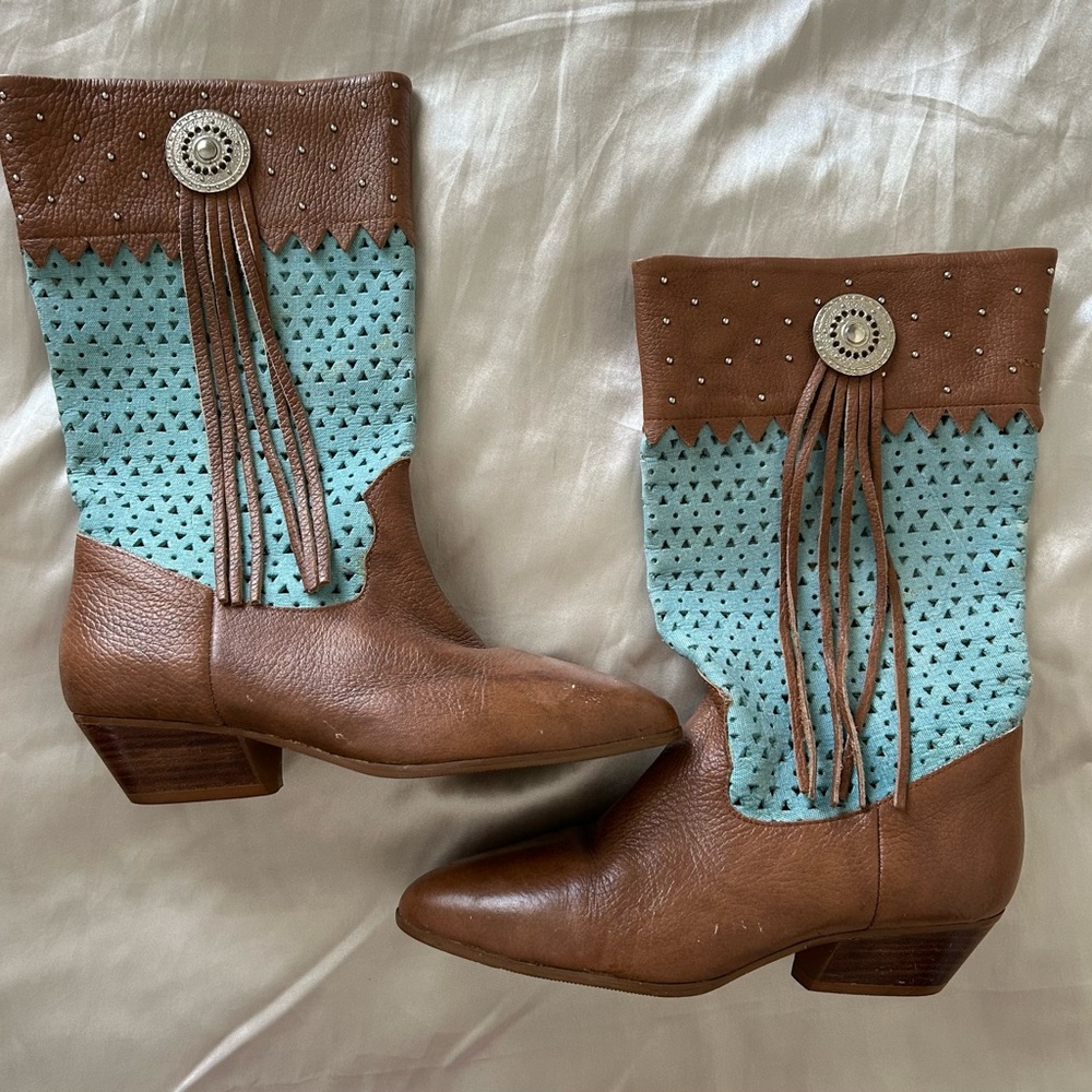 Leather Brown and Blue Western Boots Made in Brazil